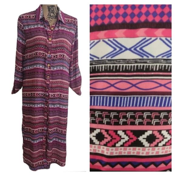Large Cato striped geometric print maxi tunic button down long sleeve blouse - Picture 1 of 7